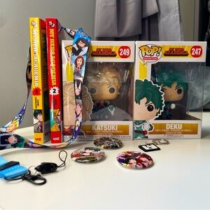 My hero Academia Deku and Bakugou funko pops and Manga 1 & 2